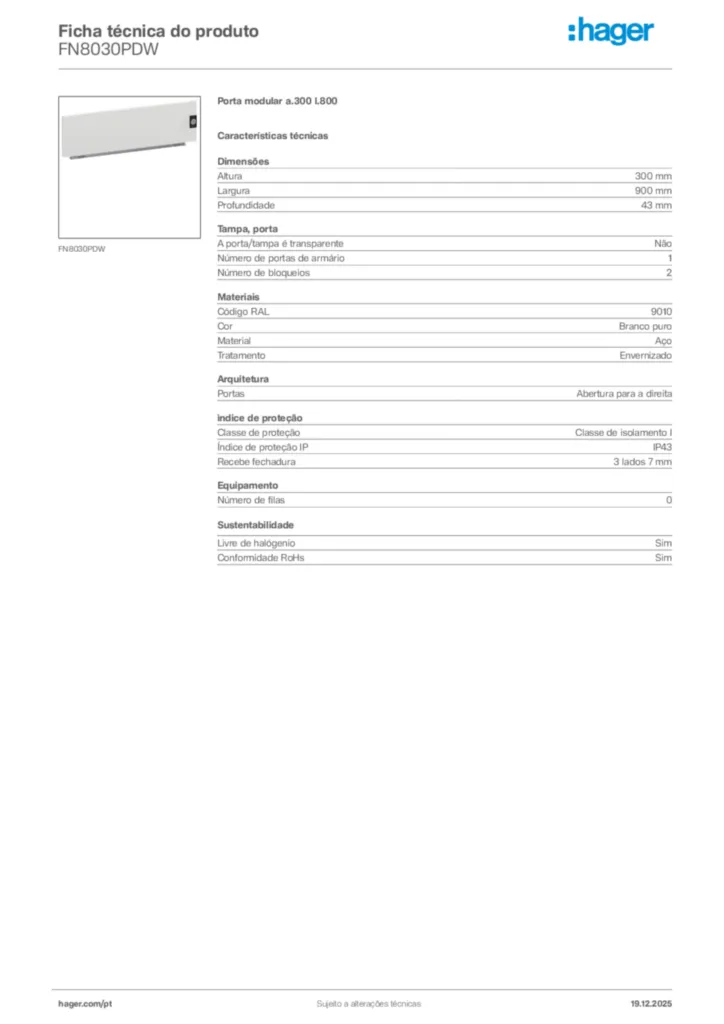 Imagem Hager Ficha técnica do produto FN8030PDW | Hager Portugal