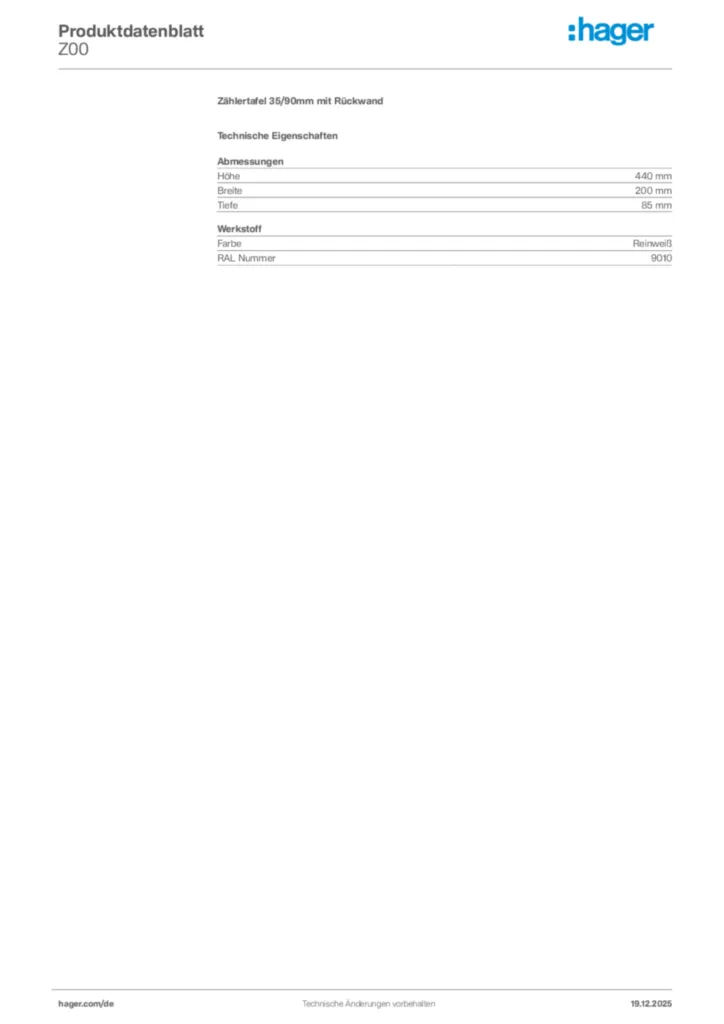 Bild Hager Produktdatenblatt Z00 | Hager Deutschland