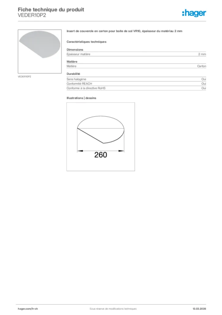 Image Hager Fiche technique du produit VEDER10P2 | Hager Suisse