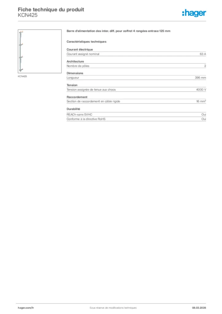 Image Hager Fiche technique du produit KCN425 | Hager France