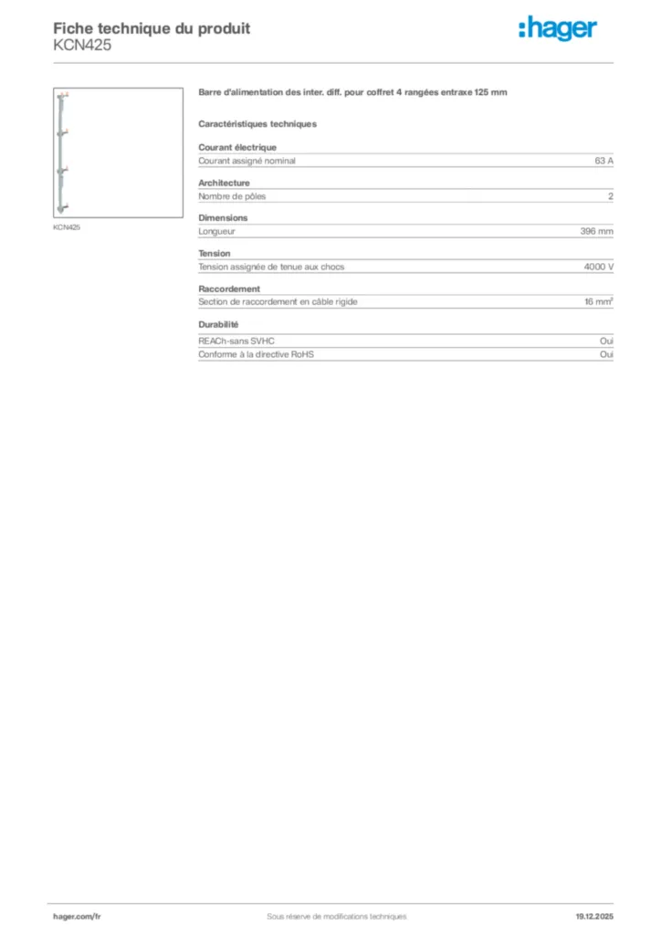 Image Hager Fiche technique du produit KCN425 | Hager France