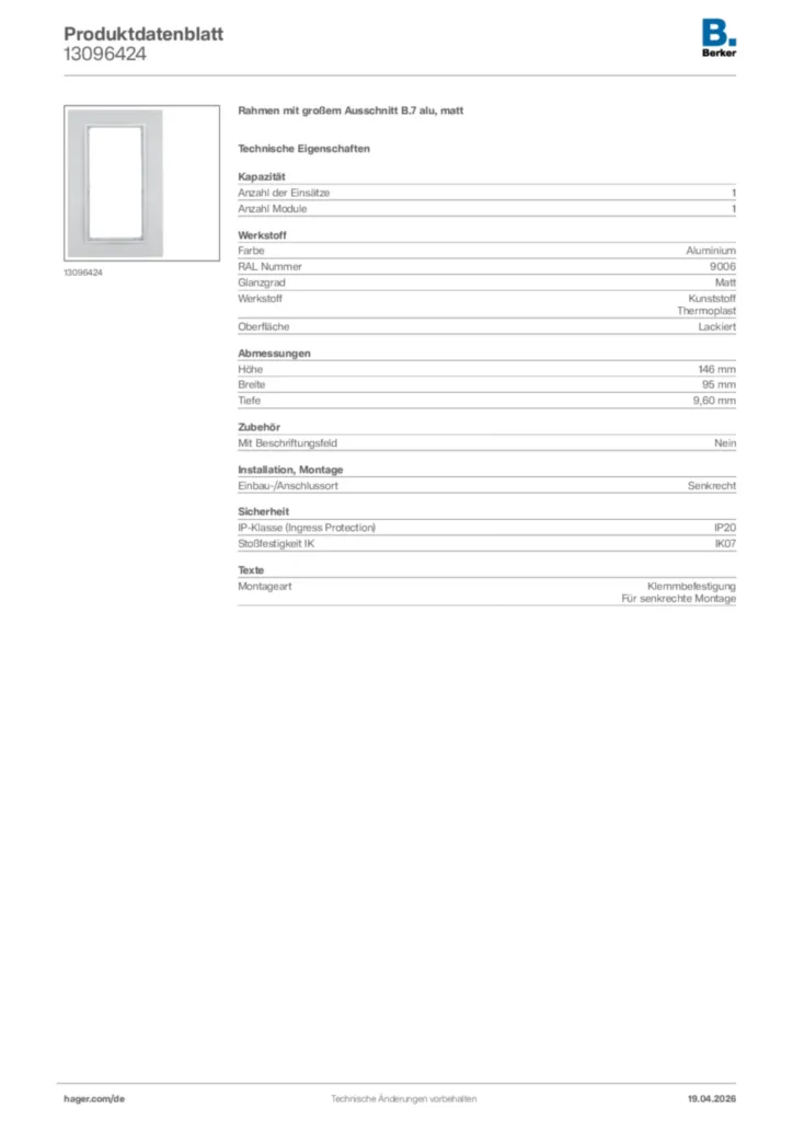 Bild Berker Produktdatenblatt 13096424 | Hager Deutschland