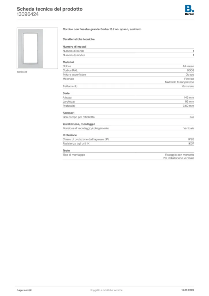 Immagine Berker Scheda tecnica del prodotto 13096424 | Hager Italia