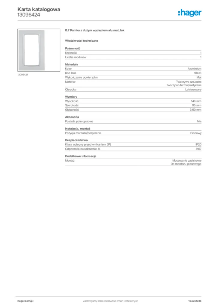 Zdjęcie Hager Karta katalogowa 13096424 | Hager Polska
