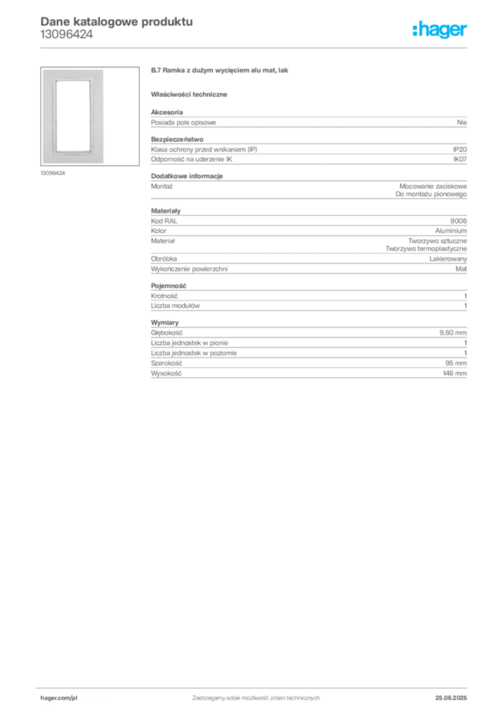 Zdjęcie Hager Karta katalogowa 13096424 | Hager Polska