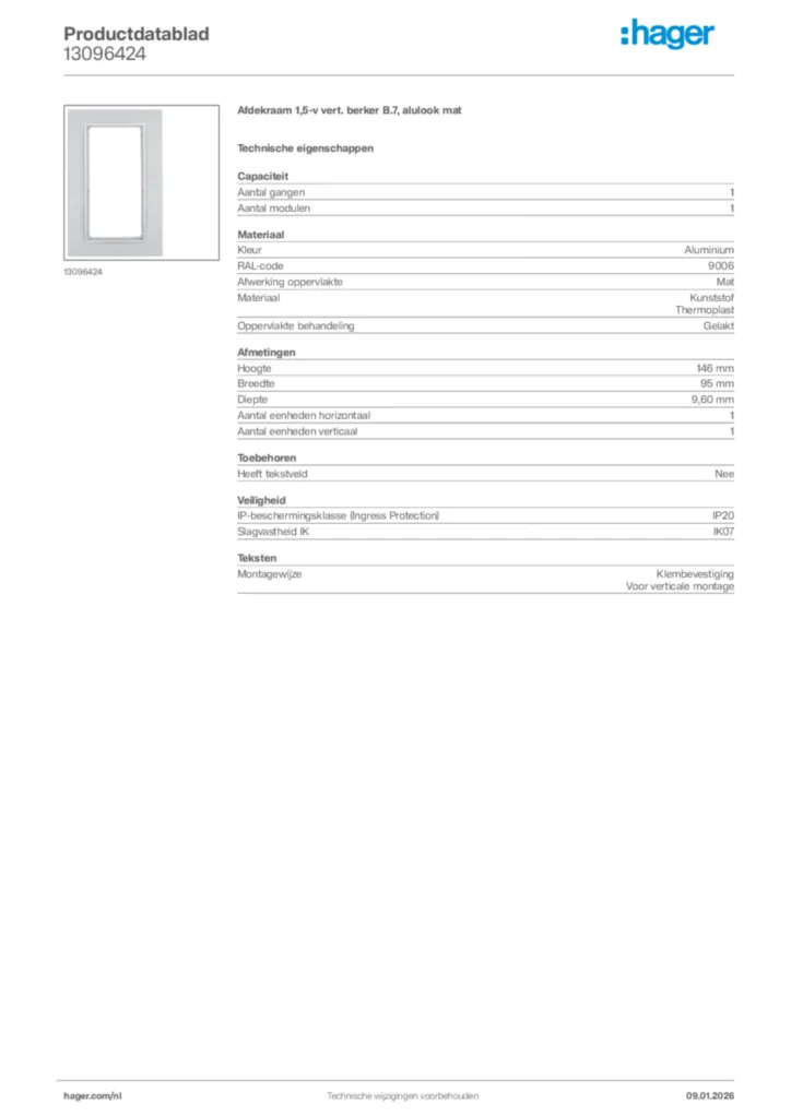 Afbeelding Hager Productdatablad 13096424 | Hager Nederland