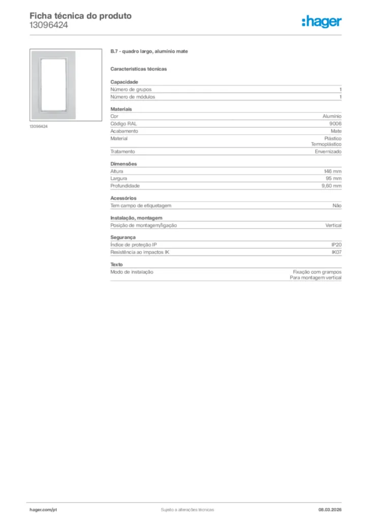 Imagem Hager Ficha técnica do produto 13096424 | Hager Portugal