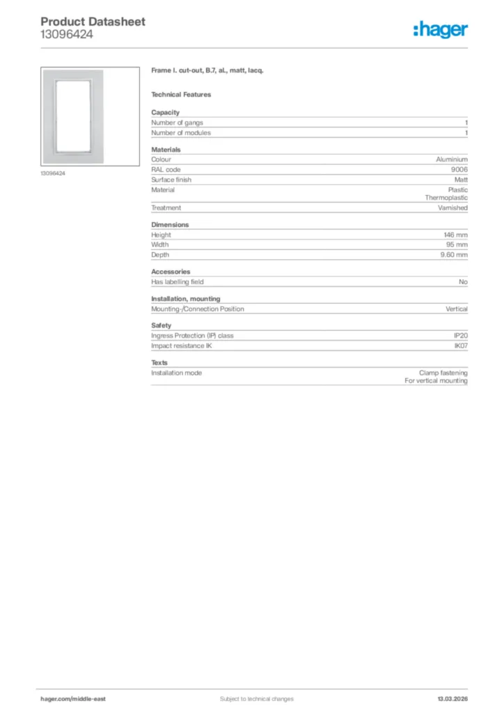 Image Hager Product data sheet 13096424  | Hager