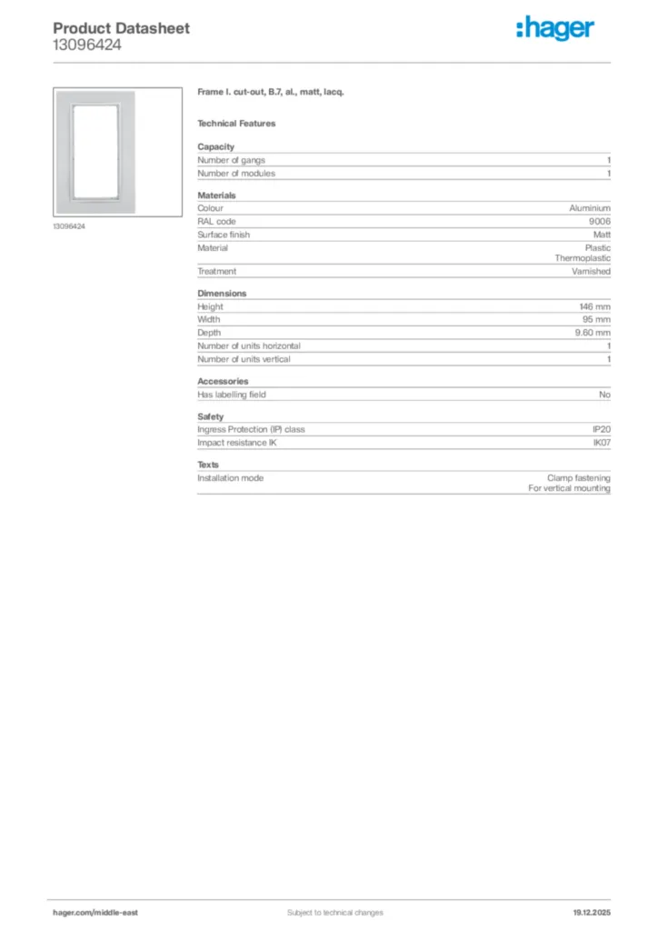 Image Hager Product data sheet 13096424  | Hager