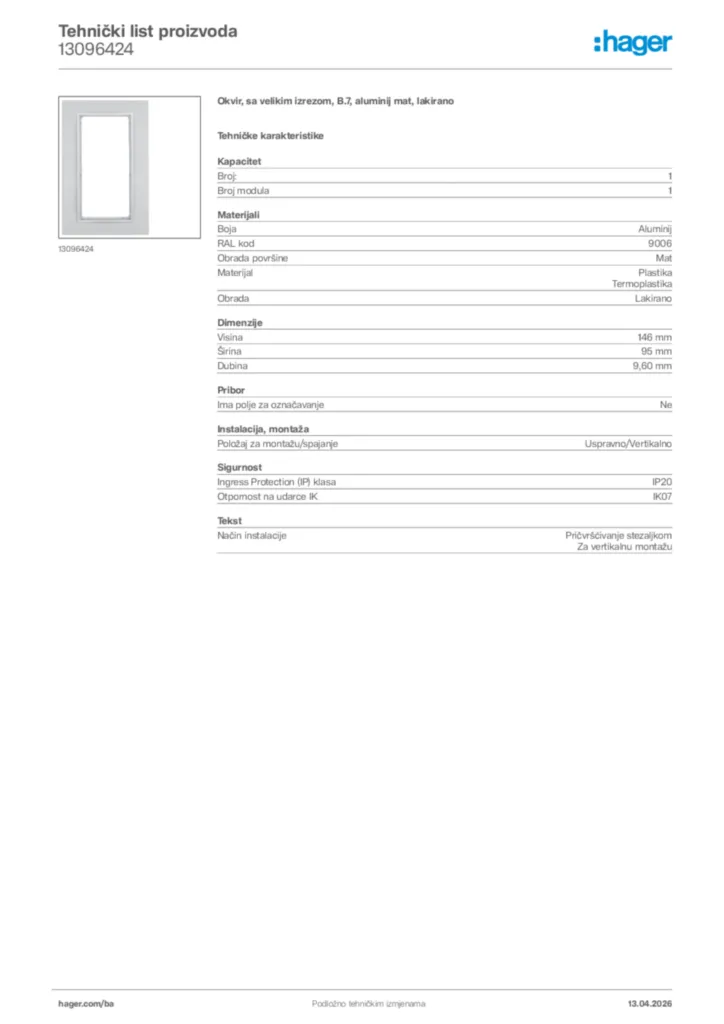 Slika Hager Tehnički list proizvoda 13096424  | Hager