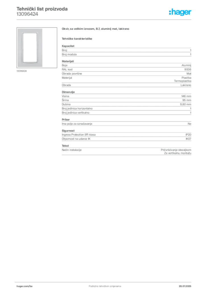 Slika Hager Product data sheet 13096424  | Hager