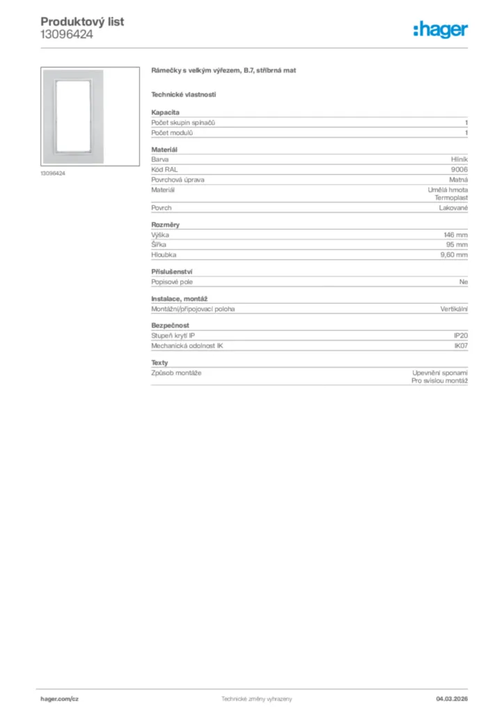 Obrázek Hager Product data sheet 13096424 | Hager