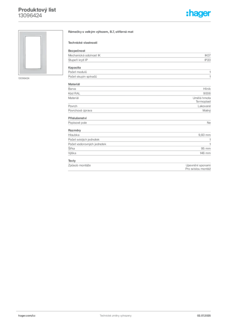 Obrázek Hager Produktový list 13096424 | Hager