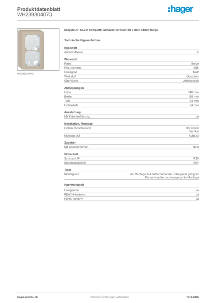 Bild Hager Produktdatenblatt WH23930407Q | Hager Schweiz