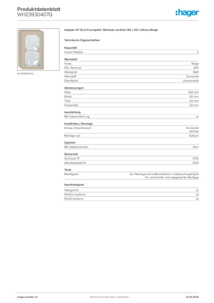 Bild Hager Produktdatenblatt WH23930407Q | Hager Schweiz