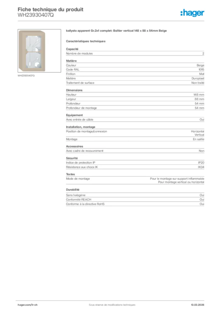 Image Hager Fiche technique du produit WH23930407Q | Hager Suisse