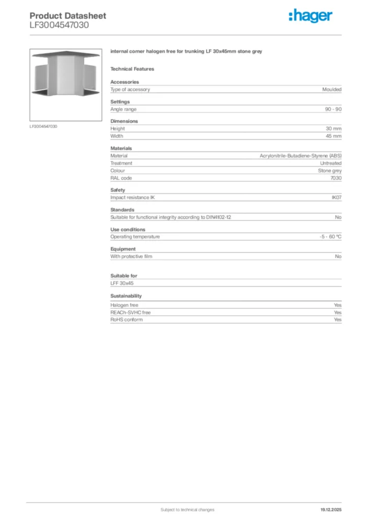 Image Hager Product data sheet LF3004547030  | Hager Africa