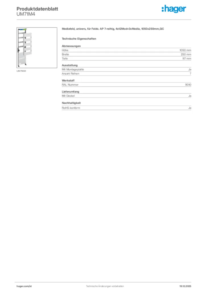 Bild Hager Produktdatenblatt UM71M4 | Hager Deutschland