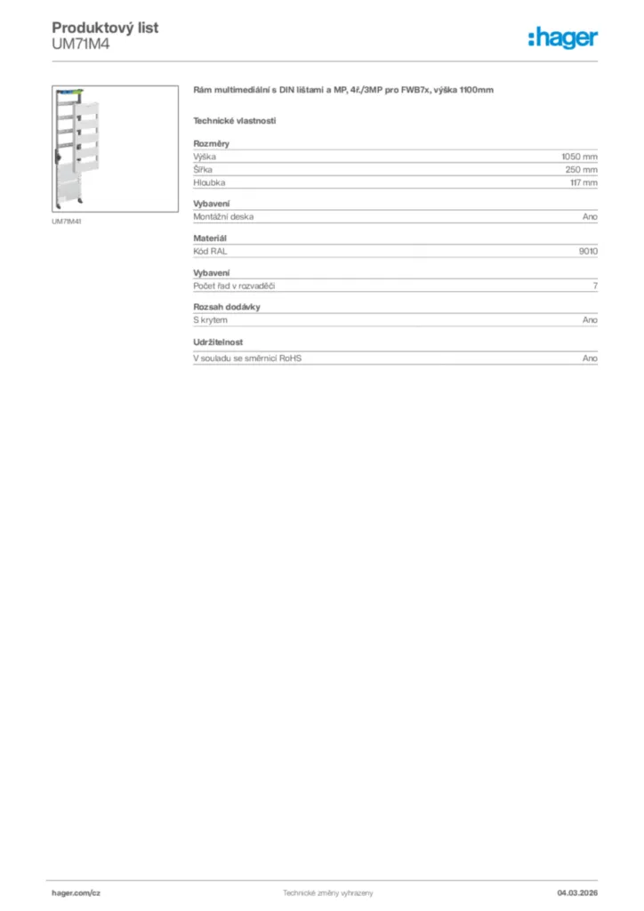 Obrázek Hager Product data sheet UM71M4 | Hager