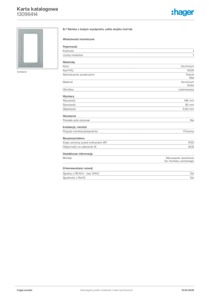 Zdjęcie Hager Karta katalogowa 13096414 | Hager Polska