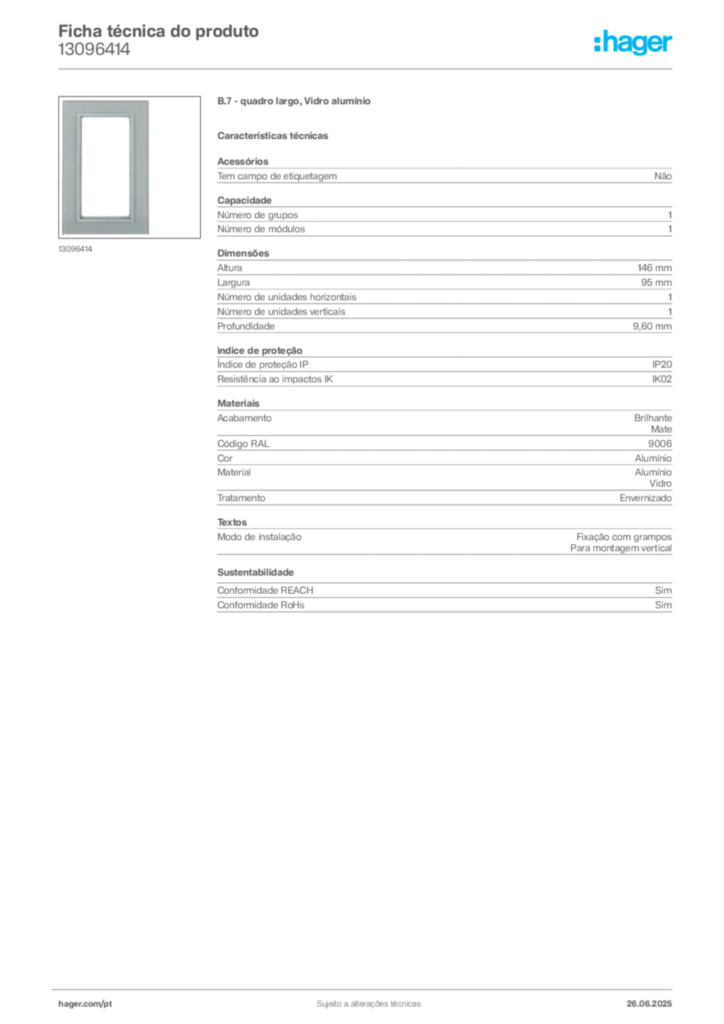 Imagem Hager Ficha técnica do produto 13096414 | Hager Portugal