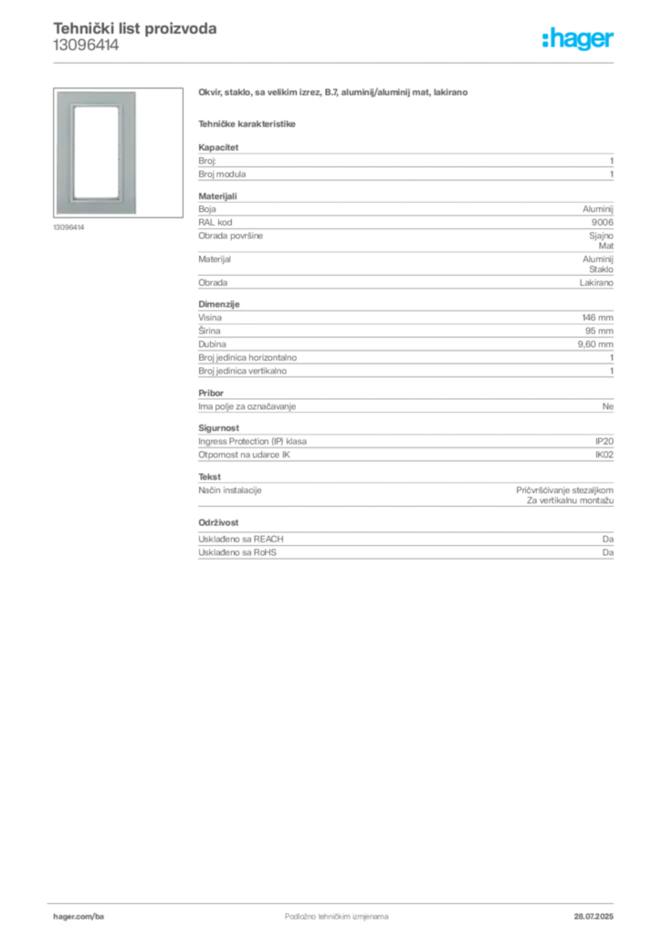 Slika Hager Product data sheet 13096414  | Hager