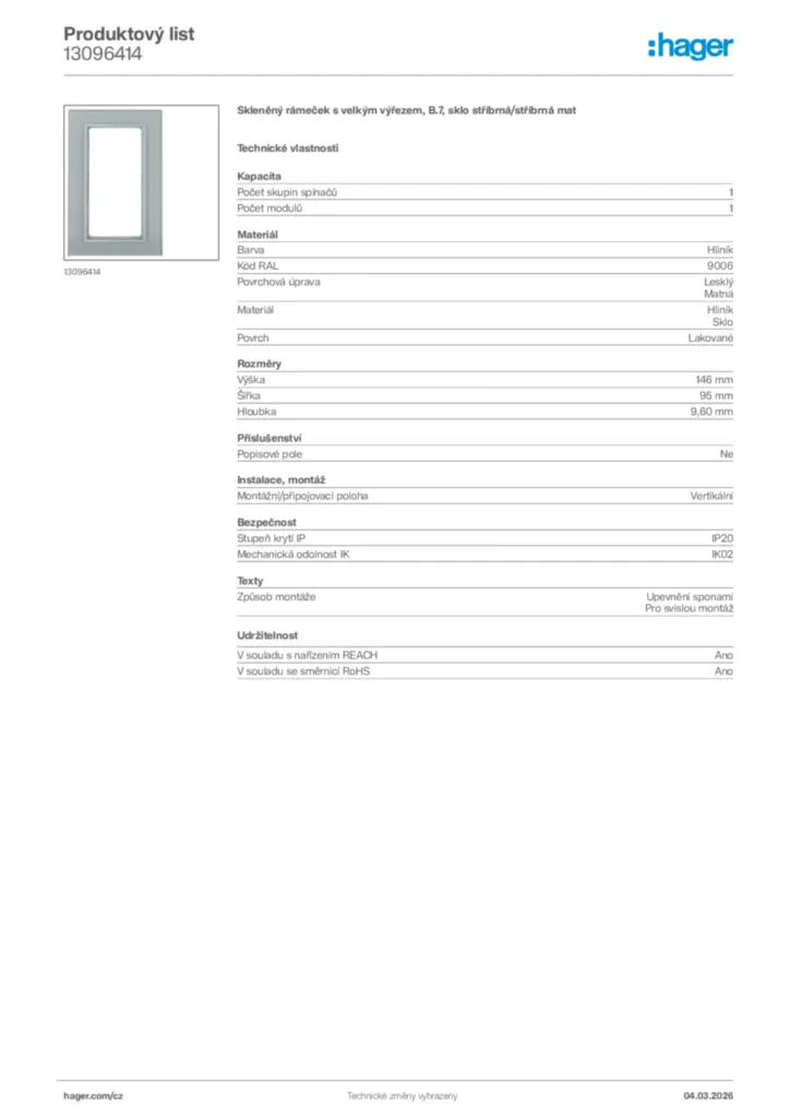 Obrázek Hager Product data sheet 13096414 | Hager