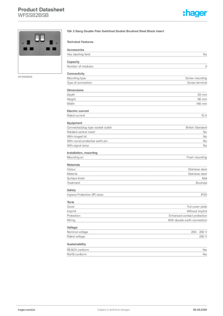 Image Hager Product data sheet WFSS82BSB  | Hager