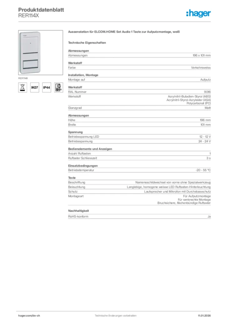 Bild Hager Produktdatenblatt RER114X | Hager Schweiz