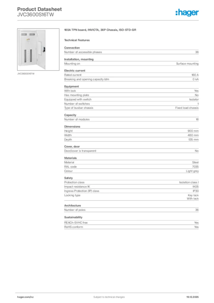 Image Hager Product data sheet JVC3600S16TW  | Hager New Zealand