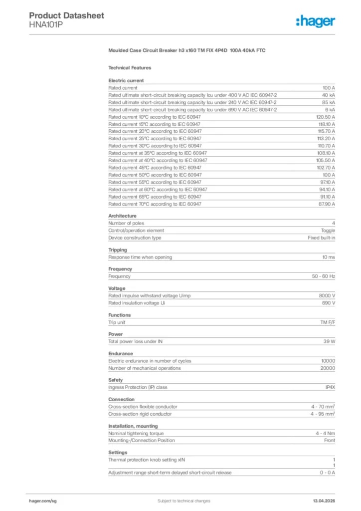 Image Hager Product data sheet HNA101P  | Hager