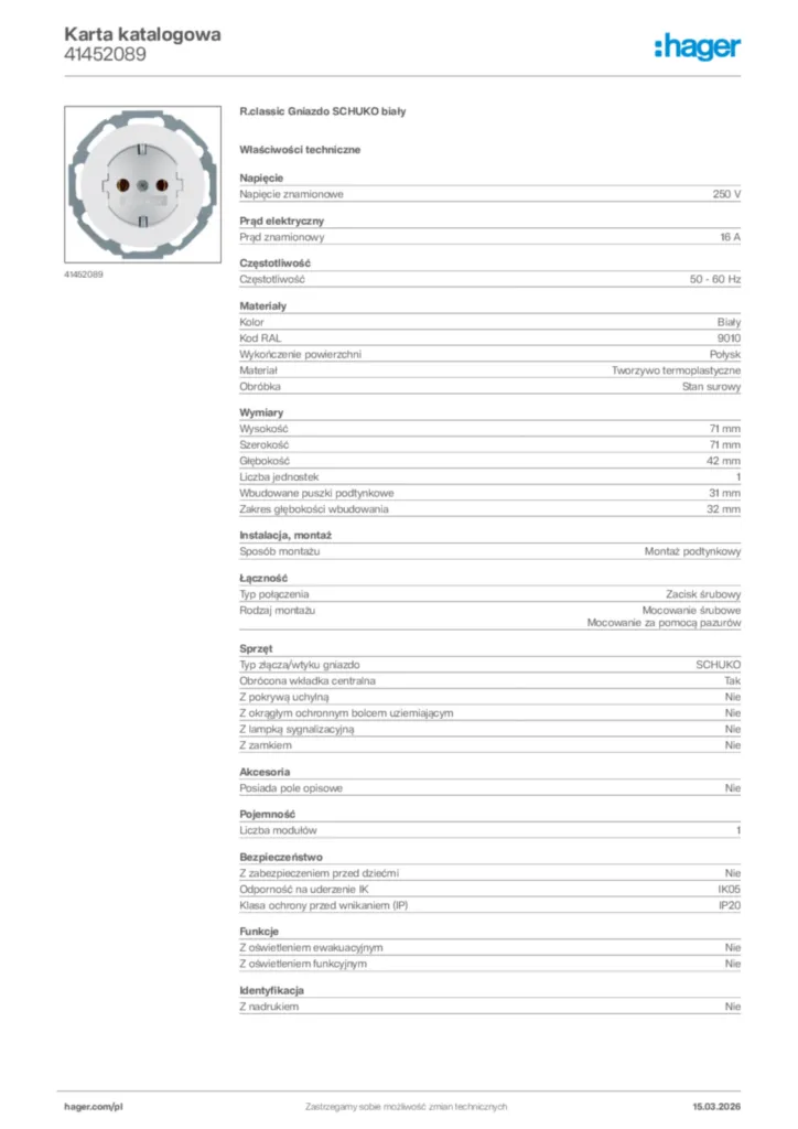 Zdjęcie Hager Karta katalogowa 41452089 | Hager Polska