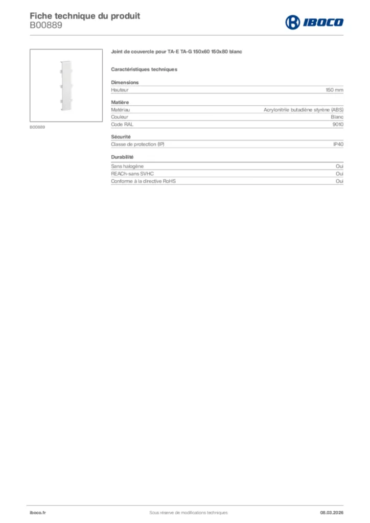 Image Iboco Fiche technique du produit B00889 | Hager France