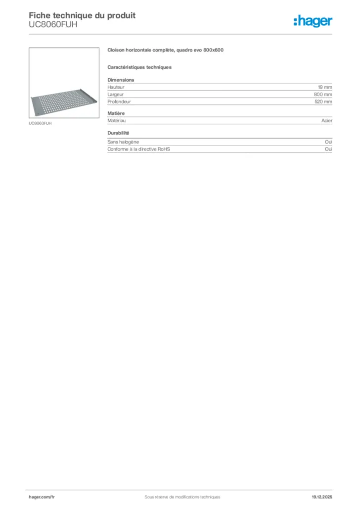 Image Hager Fiche technique du produit UC8060FUH | Hager France
