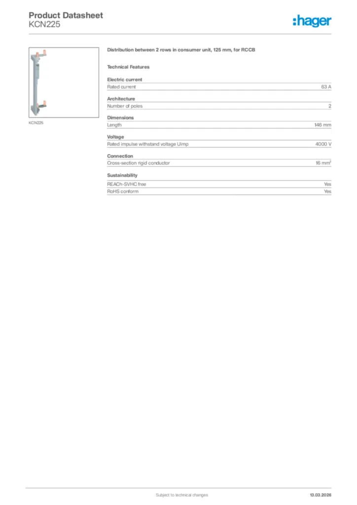 Image Hager Product data sheet KCN225  | Hager Africa