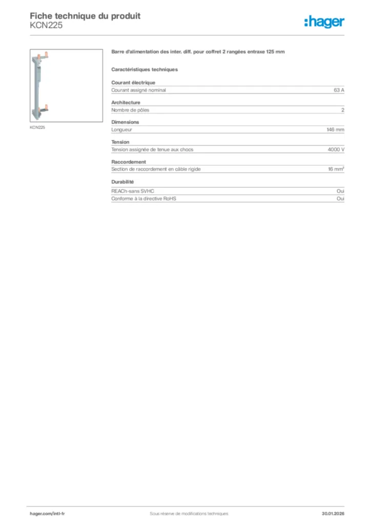 Image Hager Fiche technique du produit KCN225 | Hager Afrique