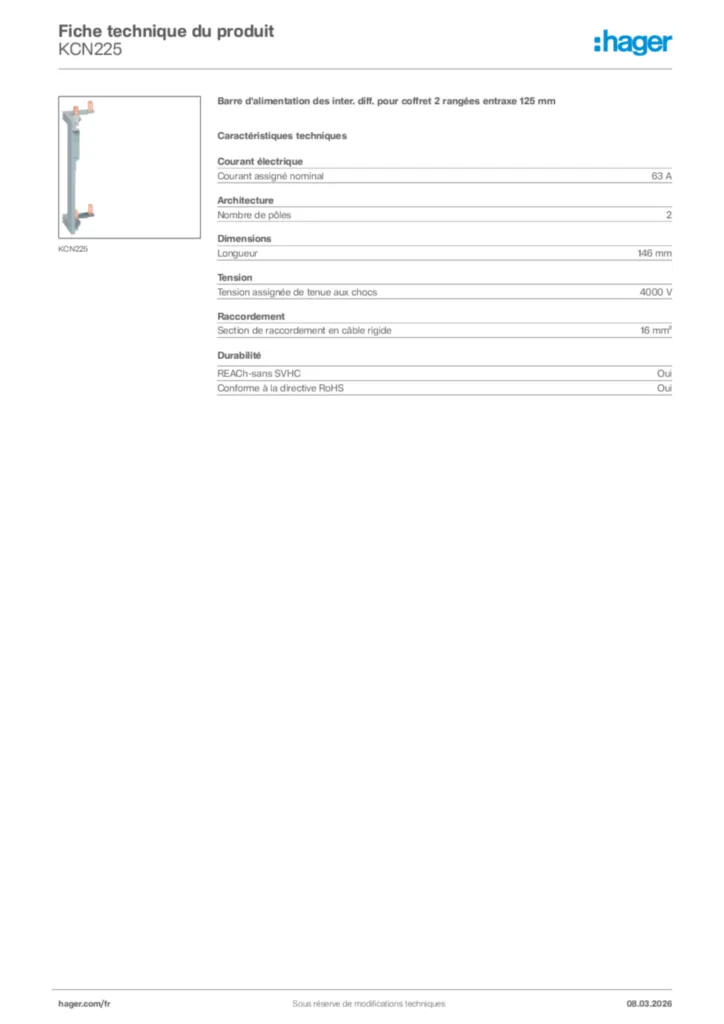 Image Hager Fiche technique du produit KCN225 | Hager France