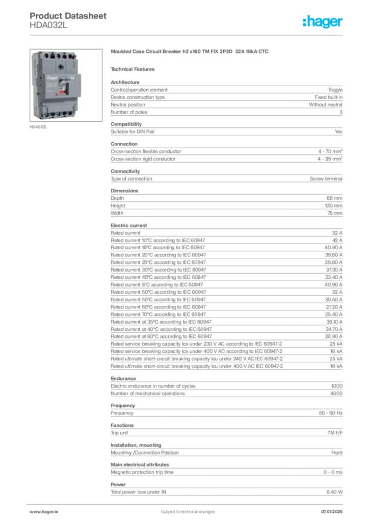 Image Hager Product data sheet HDA032L  | Hager