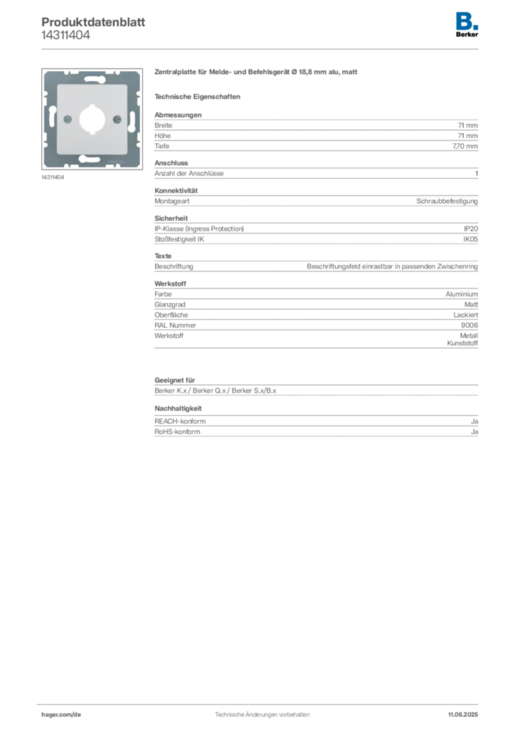 Bild Berker Produktdatenblatt 14311404 | Hager Deutschland