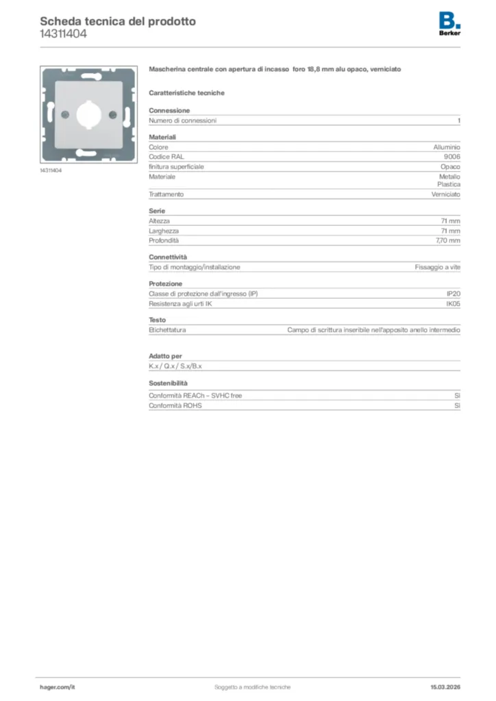 Immagine Berker Scheda tecnica del prodotto 14311404 | Hager Italia