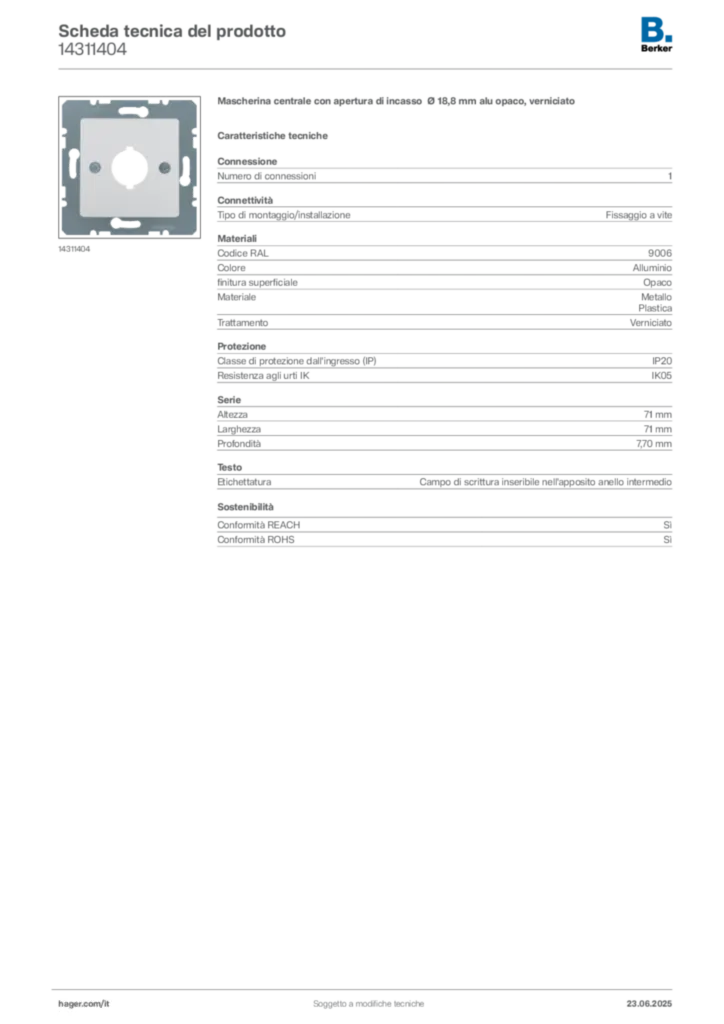 Immagine Berker Scheda tecnica del prodotto 14311404 | Hager Italia
