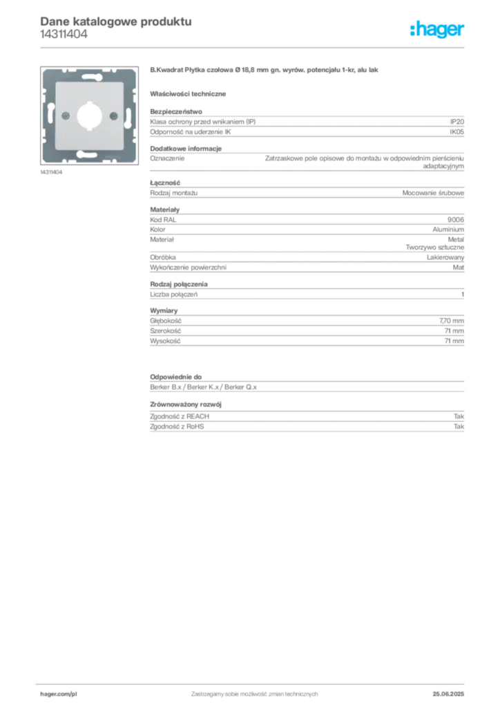 Zdjęcie Hager Karta katalogowa 14311404 | Hager Polska