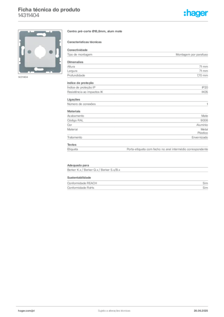 Imagem Hager Ficha técnica do produto 14311404 | Hager Portugal