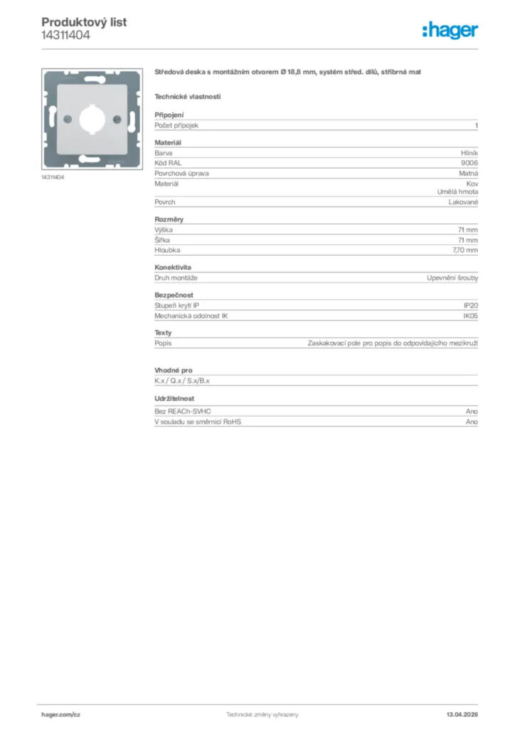 Obrázek Hager Product data sheet 14311404 | Hager