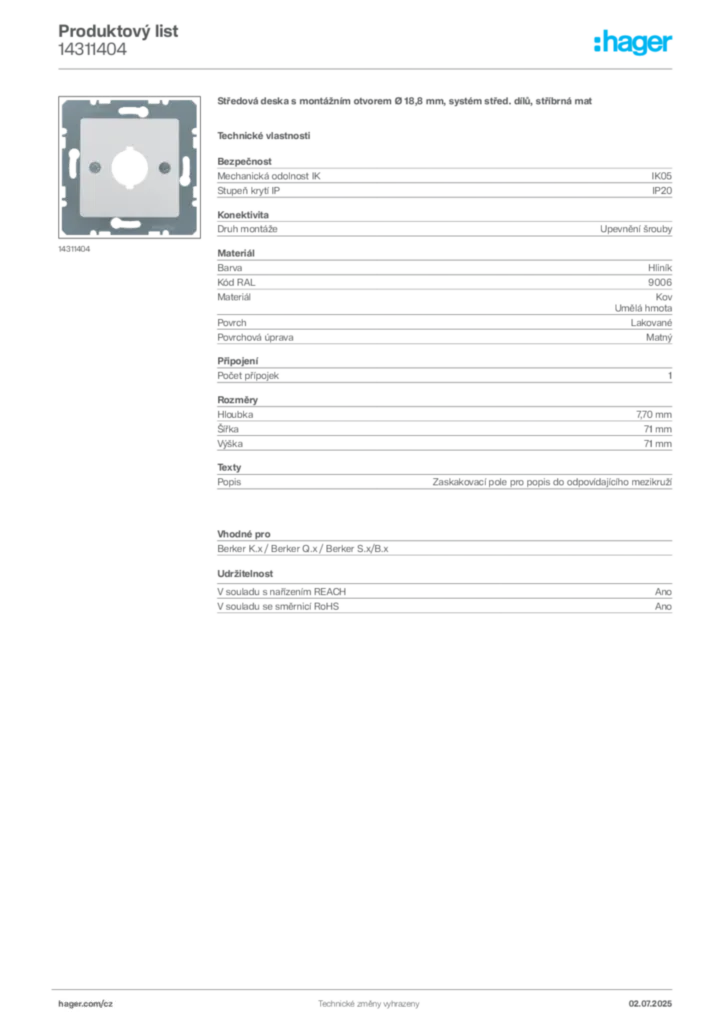 Obrázek Hager Produktový list 14311404 | Hager