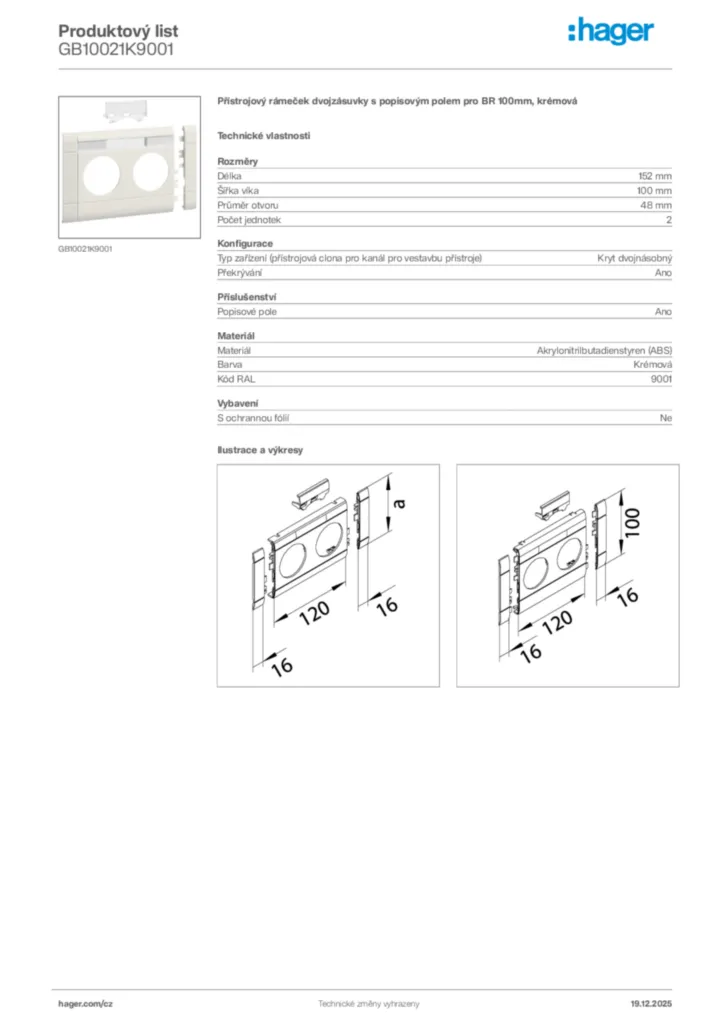 Obrázek Hager Produktový list GB10021K9001 | Hager