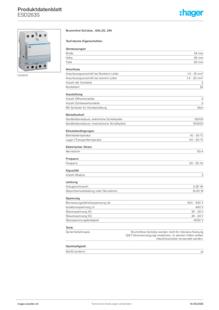 Bild Hager Produktdatenblatt ESD263S | Hager Schweiz