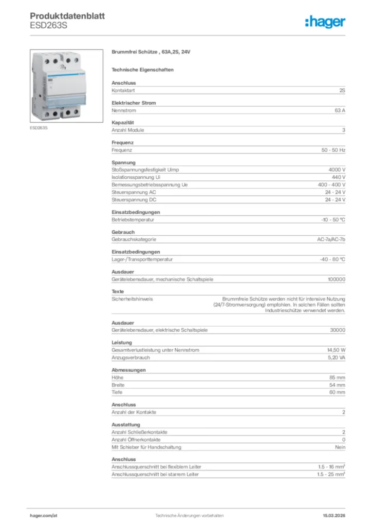 Bild Hager Produktdatenblatt ESD263S | Hager Deutschland