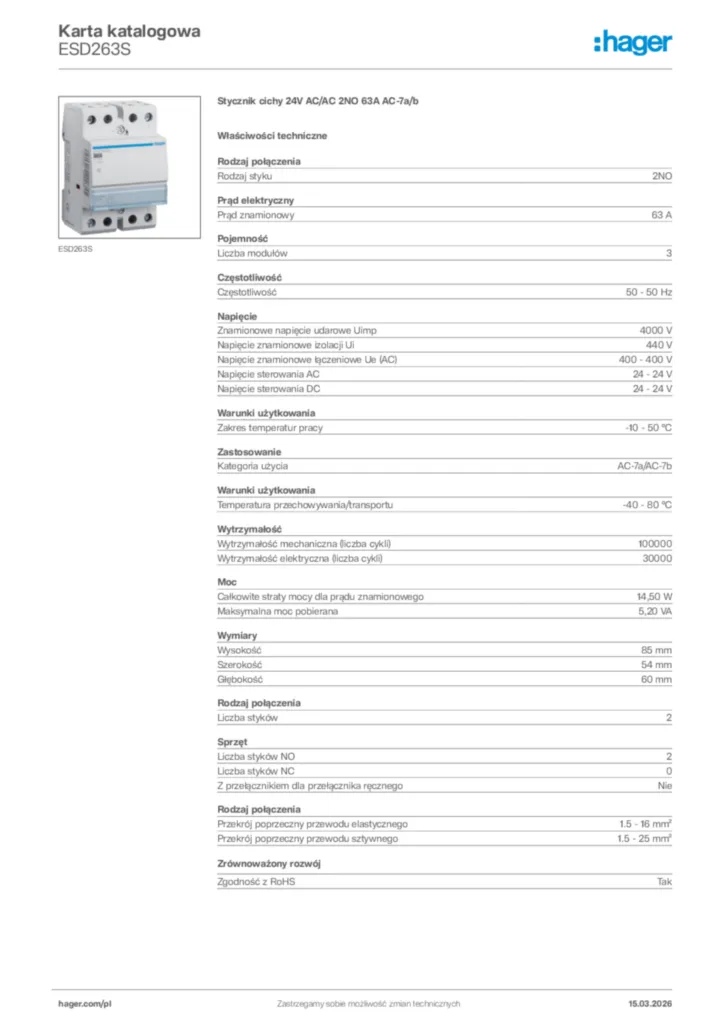 Zdjęcie Hager Karta katalogowa ESD263S | Hager Polska