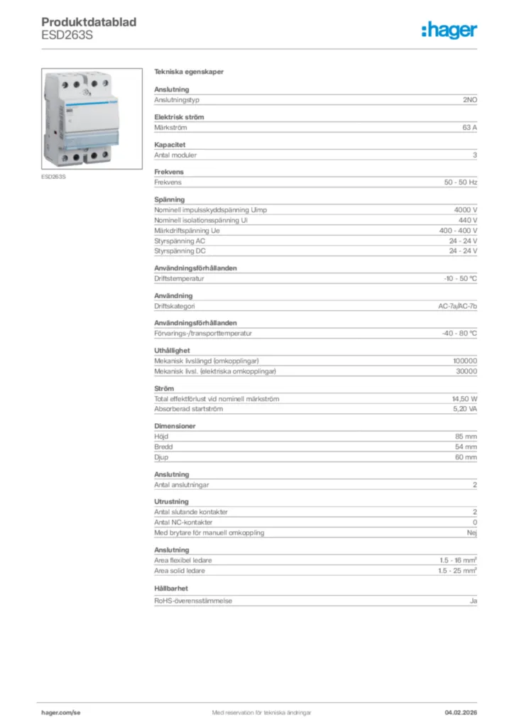 Bild Hager Produktdatablad ESD263S | Hager Sverige
